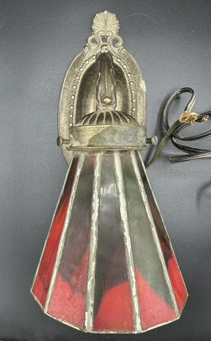 Vintage Handmade Stained Glass Wall Sconce GIM 1089 Red/Black Glass. Works! Cover