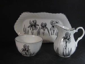 Staffordshire England China BLACK IRIS FLORAL CREAMER/SUGAR/UNDERPLATE - Picture 1 of 1