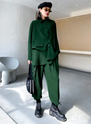 Green Urban 2 Piece Long Edgy  Trousers Overlay  Waistcoat Blouse Chic Set 12 - Image 1 of 4