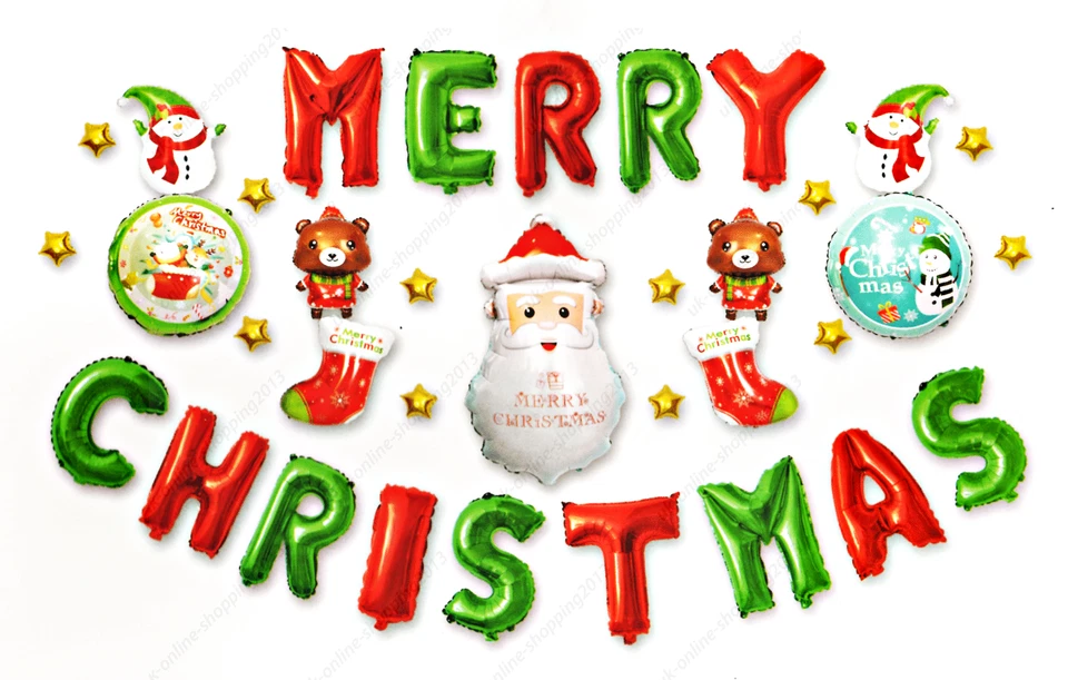 16" Merry Christmas Balloons Red Green Santa ,Tree, Bells, Snowman party Baloons - Image 1 of 1
