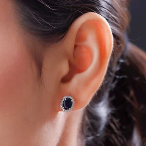 Natural Blue Sapphire Halo Studs , 925 Sterling Silver , Halo Earring Oval Studs - Picture 1 of 12