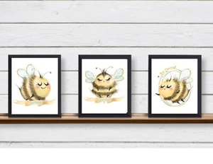 3 Bee Happy, Bee Kind, Bee Yourself Unframed Wall Art Prints Inspirational Honey - Picture 1 of 4