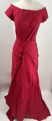 J. Мендель ассиметричный драпированный красный шелк крышка рукав вечернее длинное плиссированное платье размер 2 - Изображение 1 из 4