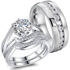Hers Solid Sterling Silver His Stainless Steel Couple CZ Wedding Ring Band Sets