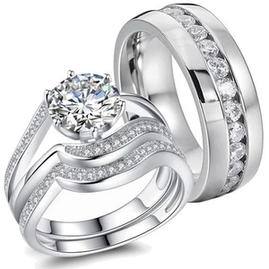 Hers Solid Sterling Silver His Stainless Steel Couple CZ Wedding Ring Band Sets - Picture 1 of 8