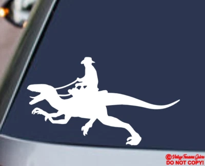 COWBOY RIDING RAPTOR DINOSAUR Vinyl Decal Sticker Car Window Bumper VELOCIRAPTOR - Image 1 of 4