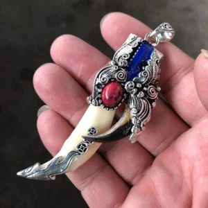 Pendant Teeth Tibetan Silver Inlaid Titanium Steel Necklace Pendant - Picture 1 of 1