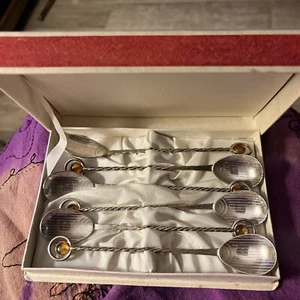 Boxed Set Of 6 Spoons, Poland Silver plated, Baltic Amber Stone - Picture 1 of 6
