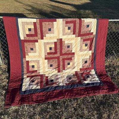 Vintage Hand Stitched Patchwork Quilt Burgundy Classic Log Cabin - Image 1 of 4