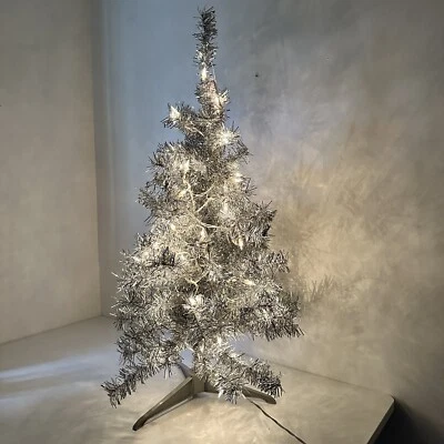 3Ft Silver Tinsel Christmas Holiday Tree With 50 Clear Lights with Base - Image 1 of 4