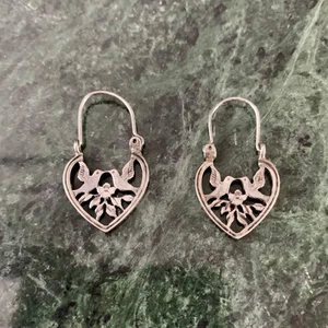 Artisan Handmade Sterling Silver Hoop Earrings Heart Shaped Birds Flowers Mexico - Picture 1 of 5