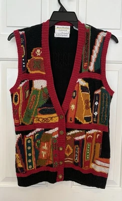 Vtg Marisa Christina Hand Knit Women’s Size  L Sweater Vest Books Library Beaded - Image 1 of 3