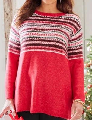 Suéter Catherines Fair Isle Plus 5X vermelho preto manga sino nórdico fendas laterais - Imagem 1 de 4