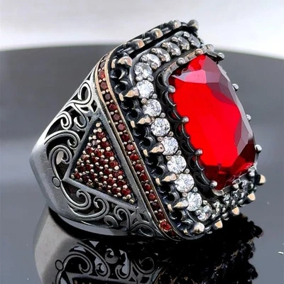 Turkish Handmade Ruby Stone Red Ruby Stone Men Ring - Image 1 of 4