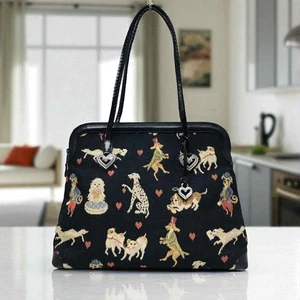 Vintage Brighton Dog Print Tapestry Leather Large Shoulder Bag Tote Heart Charms - Picture 1 of 7