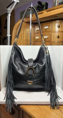 G.I.L.I. A271123 Leather Stirrup Hobo Bag with Fringe - Black - Image 1 of 4