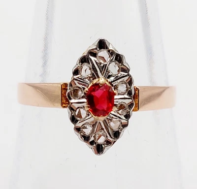 Bague marquise antique or rose 18k pierre rouge et diamant taille rose (1900) - Imagen 1 de 4