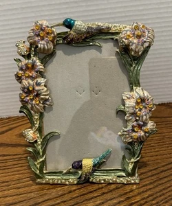Enamel Jeweled Picture Frame Floral Hummingbirds With Crystals 4” X 6” - Picture 1 of 6
