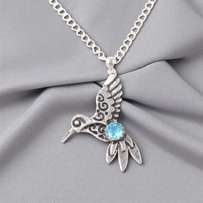 Swiss Blue Topaz Gemstone 925 Sterling Silver Jewelry Oxidized Pendant 1.8" Gift - Image 1 of 4