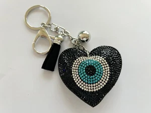 Evil Eye Mati Nazar Heart Crystal Chain Key ring Handbag Bag Charm Tassel Black - Picture 1 of 1