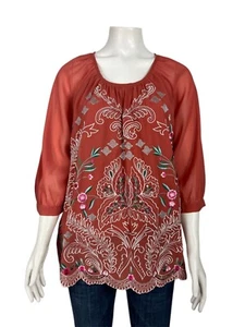 Soft Surroundings Sunrise Canyon Bella Top Petite XL PXL New Embroidered Orange - Picture 1 of 5