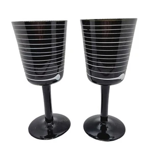 Villeroy & Boch Goblets Conga Threaded Black Art Glass White Swirl 8" Tall Set 2 - Picture 1 of 10