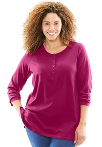 Woman Within Plus Size Perfect Long-Sleeve Henley Tee - Picture 1 of 15