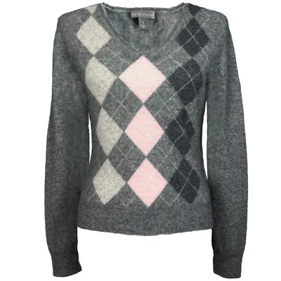 Vintage Apt 9 Y2K 100% Cashmere Size S Gray Pink Argyle Preppy Luxury Sweater - Изображение 1 из 4