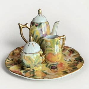 Miniature Porcelain Child's Doll Tea Pot Plate Tray Set Fruit Pattern Gold Trim - Picture 1 of 21