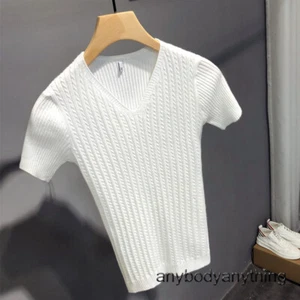 Men Summer V Neck Knitted T-Shirts Slim Fit Top Male Short Sleeve Tee Shirt - Picture 1 of 28
