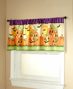 Trick-or-Treat Bats Fall Window Valance Halloween Pumpkin Jack O Lantern Valance - Picture 1 of 7