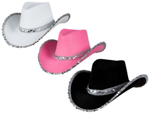 Sequin Cowboy Hat Ladies Wild West Western Cowgirl Hat Fancy Dress Costume Pink