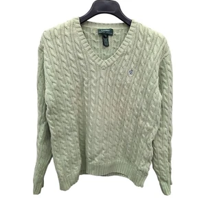 Lauren Ralph Lauren Sage Green Regular Fit Pullover V-Neck Cable Knit Sweater M - Picture 1 of 5