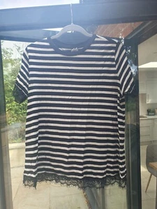 ASOS Ladies UK 12 Black And White Stripes Tshirt With Lace Trim - Picture 1 of 6