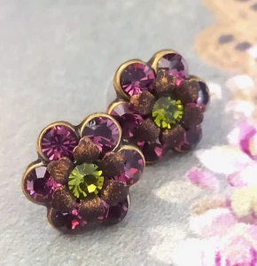 Michal Negrin Earrings Post Flower Deep Purple Royal Crystals Olive Green Gift - Picture 1 of 11