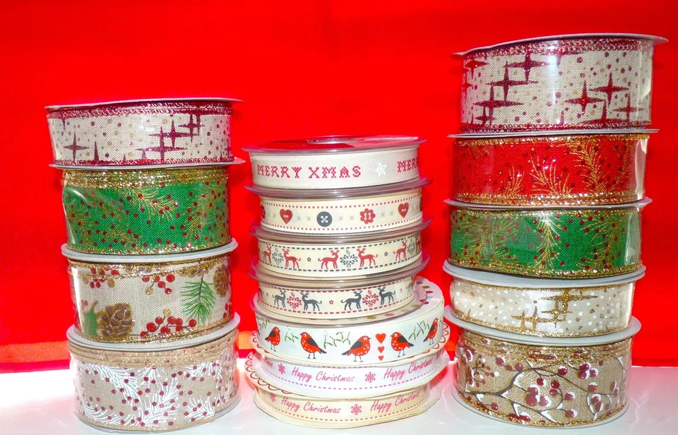 CLEARANCE ROLLS OF CHRISTMAS RIBBON - WIRED, GROSGRAIN, SATIN - CRAFT/GIFTS - Image 1 of 2