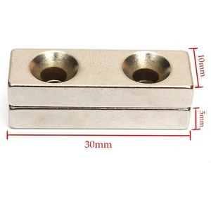 Strong Block Countersunk Magnet 30x10x5 mm 2 Hole 4mm Rare Earth Neodymium N35 - Picture 1 of 3