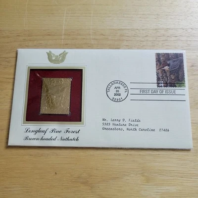 Estampilla réplica de oro 22kt Nuthatch cabeza marrón bosque de pinos hoja larga con tarjeta Foto 1 de 4