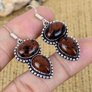 Dainty Mahogany Obsidian Gemstone Handmade 925 Sterling Silver Earring Jewelry - Picture 1 of 4