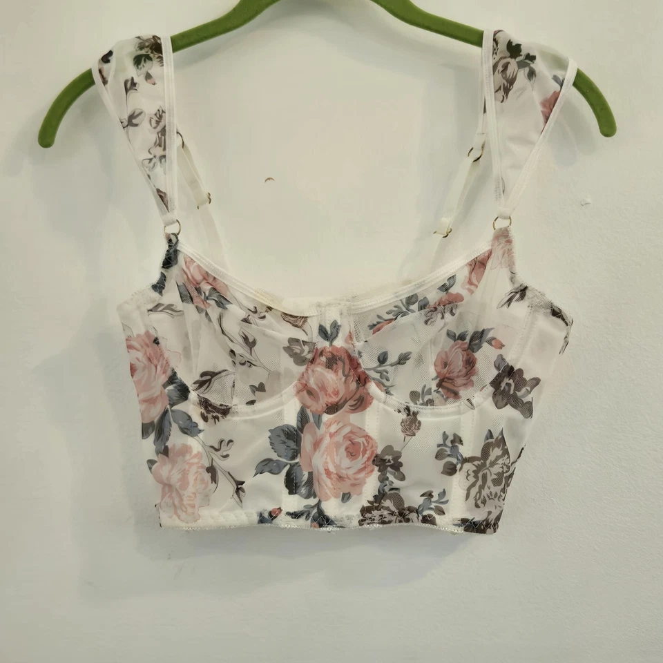 White Floral Sheer Corsett Bralette Size Medium Hook & Eye Closure - Image 1 of 4
