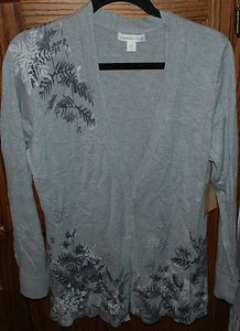 Large NWOT Coldwater Creek Gray Printed Deep V LS Cardigan Snowflakes Large L - Picture 1 of 5