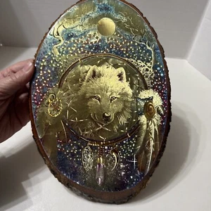 Vintage Epoxy On Wood Wall Hanging Wolf Native American Dream Catcher Reflective - Picture 1 of 14