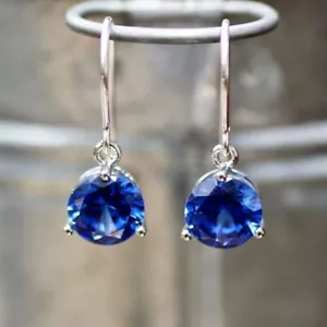3Ct Round Created Blue Tanzanite Dangle Solitaire Earrings 14K White Gold Plated - Picture 1 of 8
