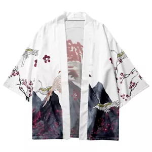 Men Japanese Kimono Outwear Loose Yukata Bathrobe Cardigan Crane Print Top Retro - Picture 1 of 9