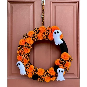 Handarbeit Halloween Bommel Garn Kranz Geister Urlaub orange schwarz Dekor 14" - Bild 1 von 10