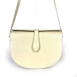 Vtg BRIO! Hardshell Semi-circle Handbag Fold-over Off White Embossed Leather - Picture 1 of 12
