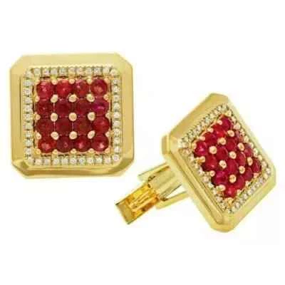 Gemelos de boda redondos de 2 quilates creados en laboratorio granate rojo para hombre enchapados en oro amarillo de 14 quilates Foto 1 de 4