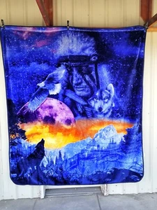 INDIAN EAGLE WOLF MOUNTAINS FOREST MOON OBSERVER QUEEN SIZE BLANKET BEDSPREAD - Picture 1 of 2