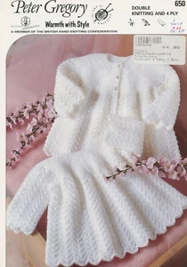 Peter Gregory KNITTING PATTERN 650 DK & 4 Ply Baby's Dress & Coat Chest 16 18 20 - Picture 1 of 2
