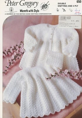 Peter Gregory KNITTING PATTERN 650 DK & 4 Ply Baby's Dress & Coat Chest 16 18 20 - Image 1 of 2